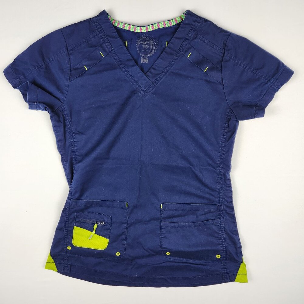 Nurse Health Pro Scrubs Top XS - 3-Pocket V-Neck Medical Wear, Blue Green